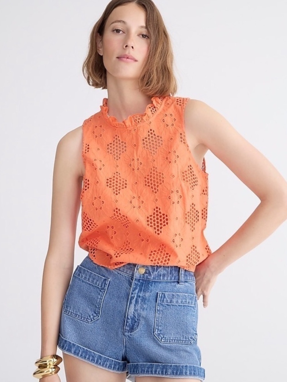 NWT J Crew Size XS Fleur Top Eyelet Orange Sleeveless BR583 Cotton Blend Ruffle